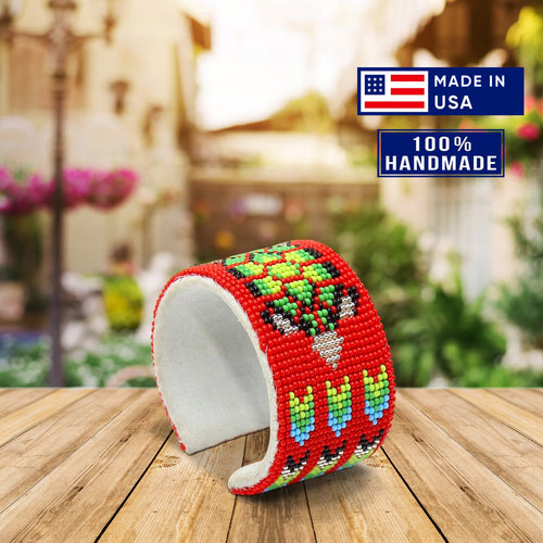 Red Green Turtle Leather Hard Cuff Beaded Handmade Bracelet