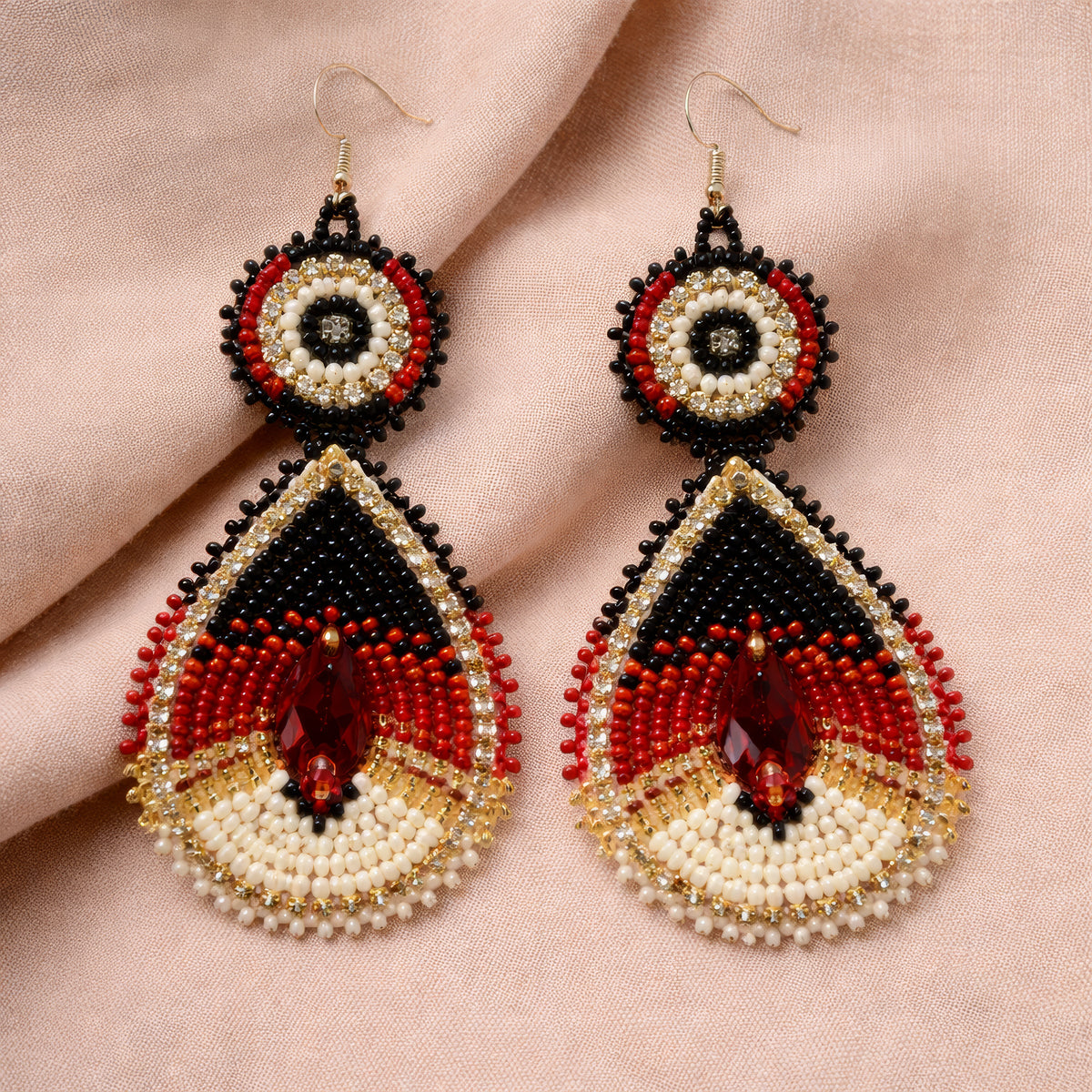 Handmade Beaded Teardrop Czech Brown Cream Earrings