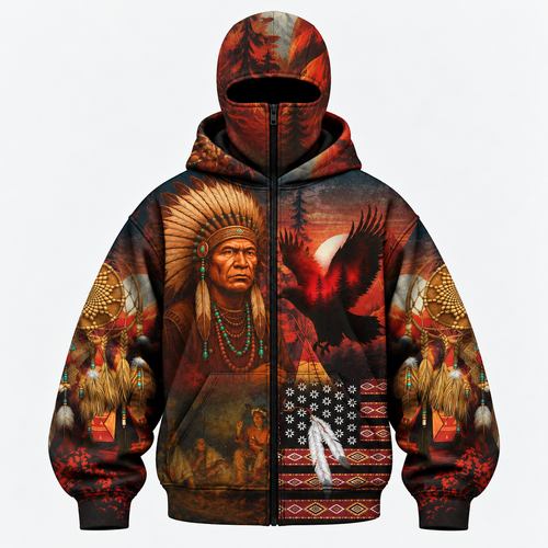 3D Balaclava Zip Hoodie Echoes of the Ancestors – The Chief Spirit Honoring Native Roots