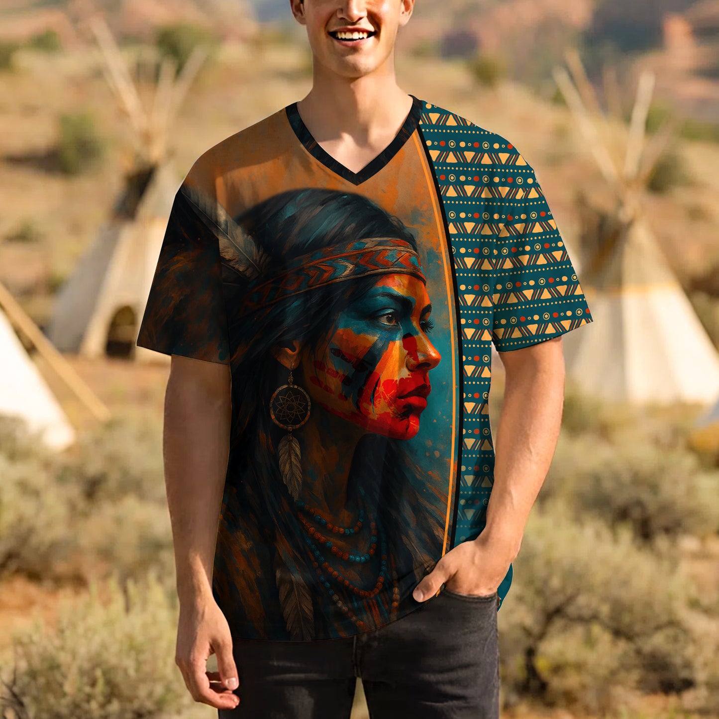 3D T-Shirt " Tribal Feather – Bold Red & Geometric Patterns & MMIW"