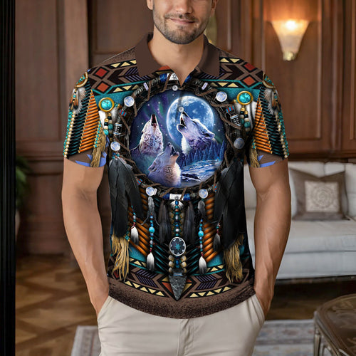 Native American  Polo Shirt - Native American Wolf Moon  – Tribal Dreamcatcher Spirit Design