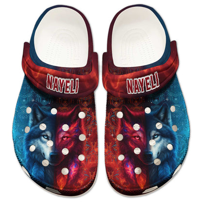 Custom Name Wolf Spirit Clogs – Fire & Ice Contrast | Tribal Design & Gift for Family