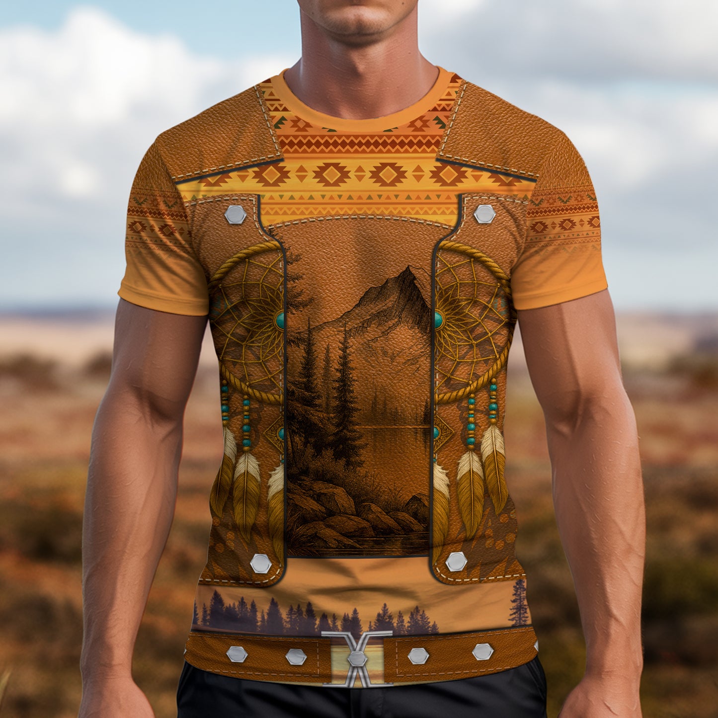 3D T-Shirt " Tribal Dreamcatcher – Golden Horizon with Sacred Mountain Motif"