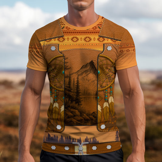 3D T-Shirt " Tribal Dreamcatcher – Golden Horizon with Sacred Mountain Motif"