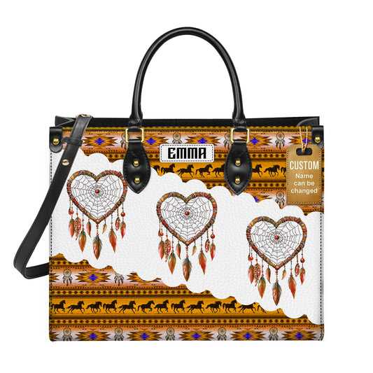 Personalized Leather Handbag for Women - Design Patterns Boho Yellow & White Dreamcatcher