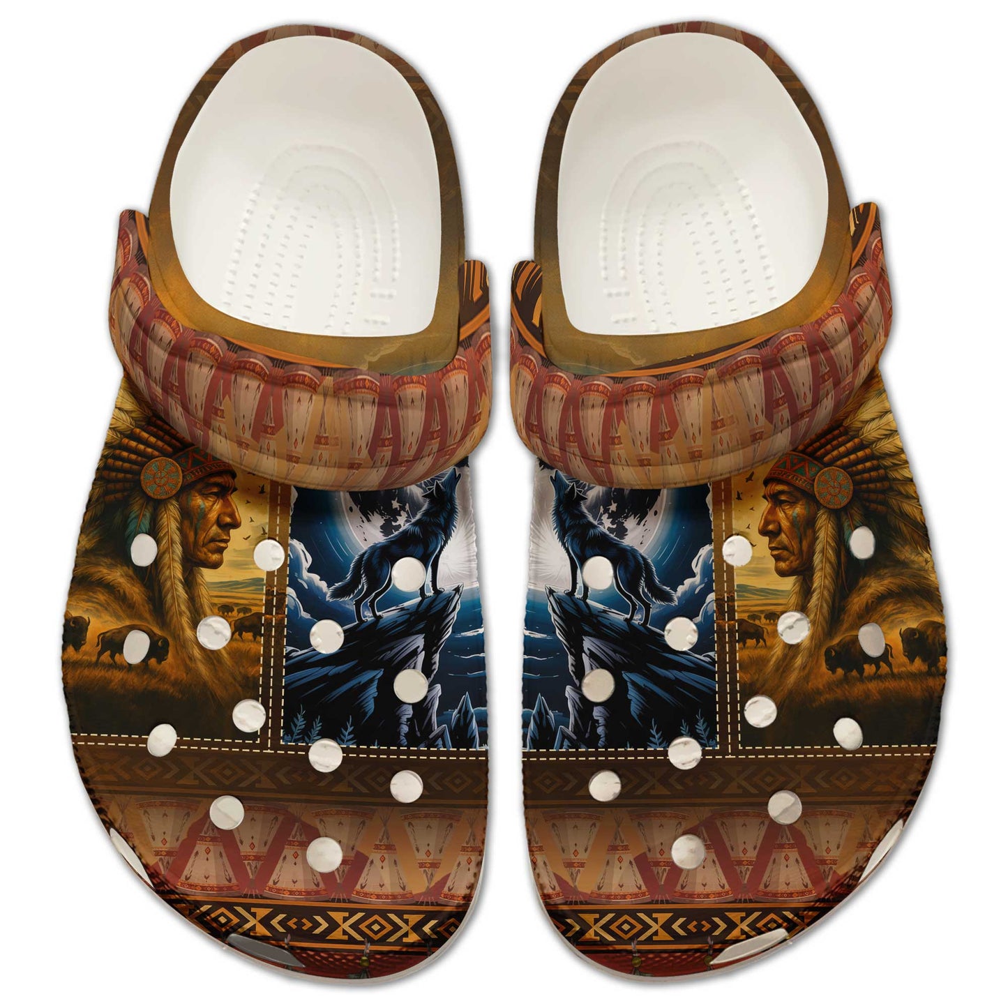 Native-Inspired Spirit Clogs – Tribal Chief & Wolf Art