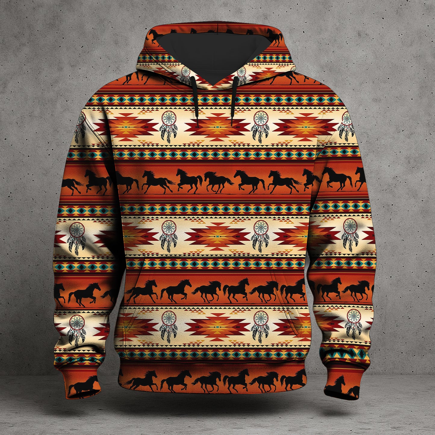 Native American 3D Hoodie – Horse Silhouette Tribal Pattern Southwestern Style