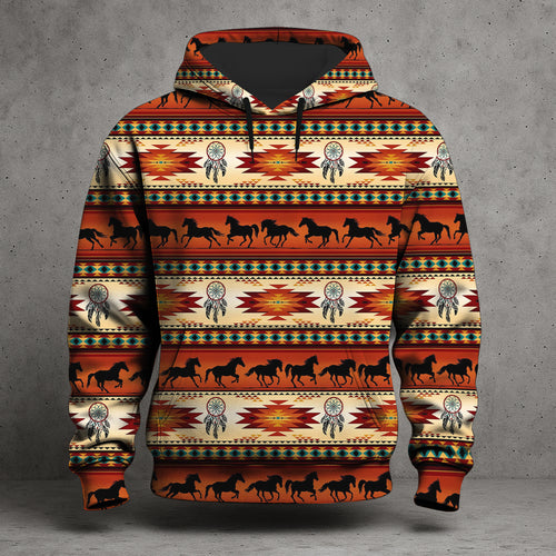 Native American 3D Hoodie – Horse Silhouette Tribal Pattern Southwestern Style
