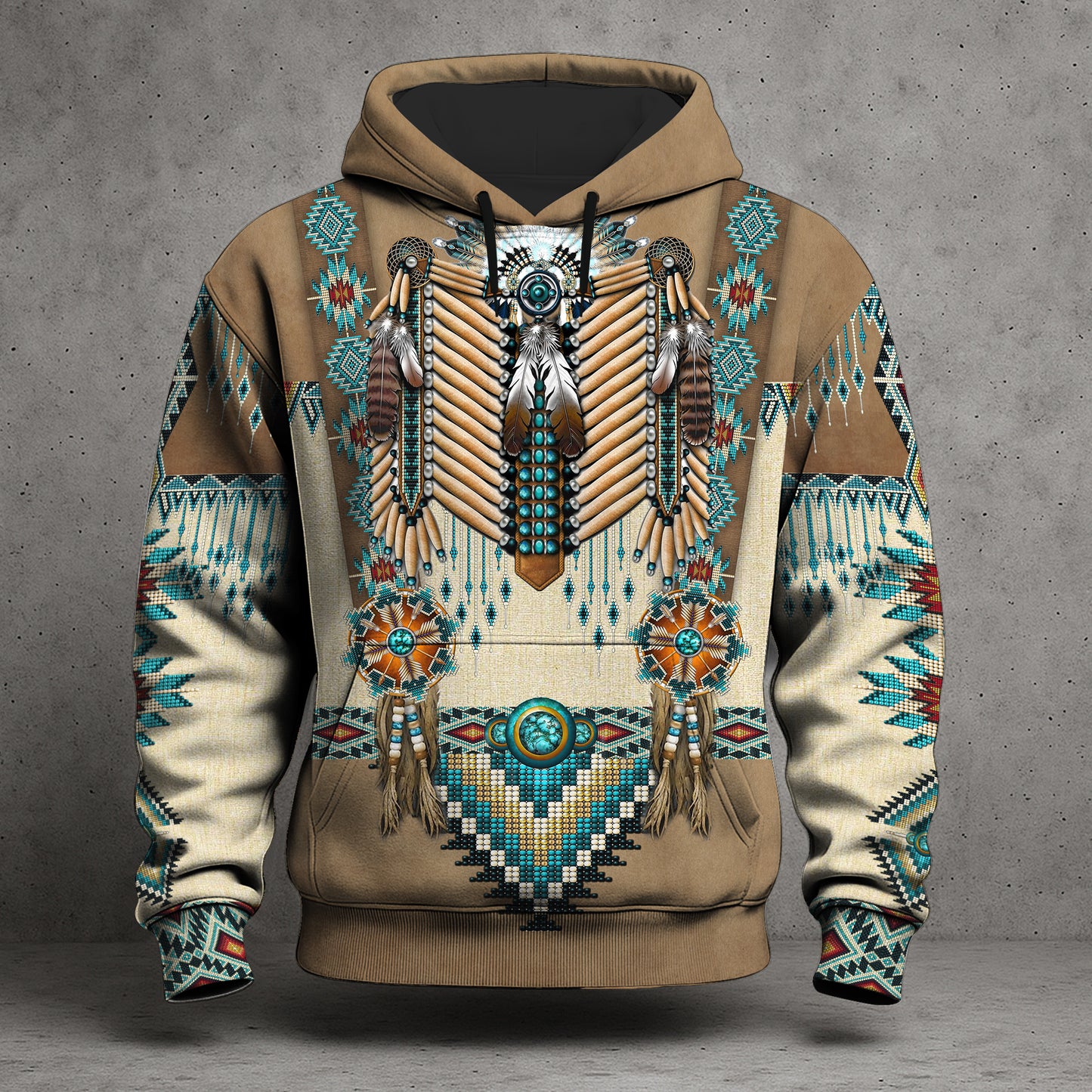 Tribal Beaded Headdress Hoodie – Turquoise & Feather Pattern