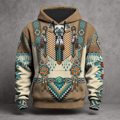 Tribal Beaded Headdress Hoodie – Turquoise & Feather Pattern