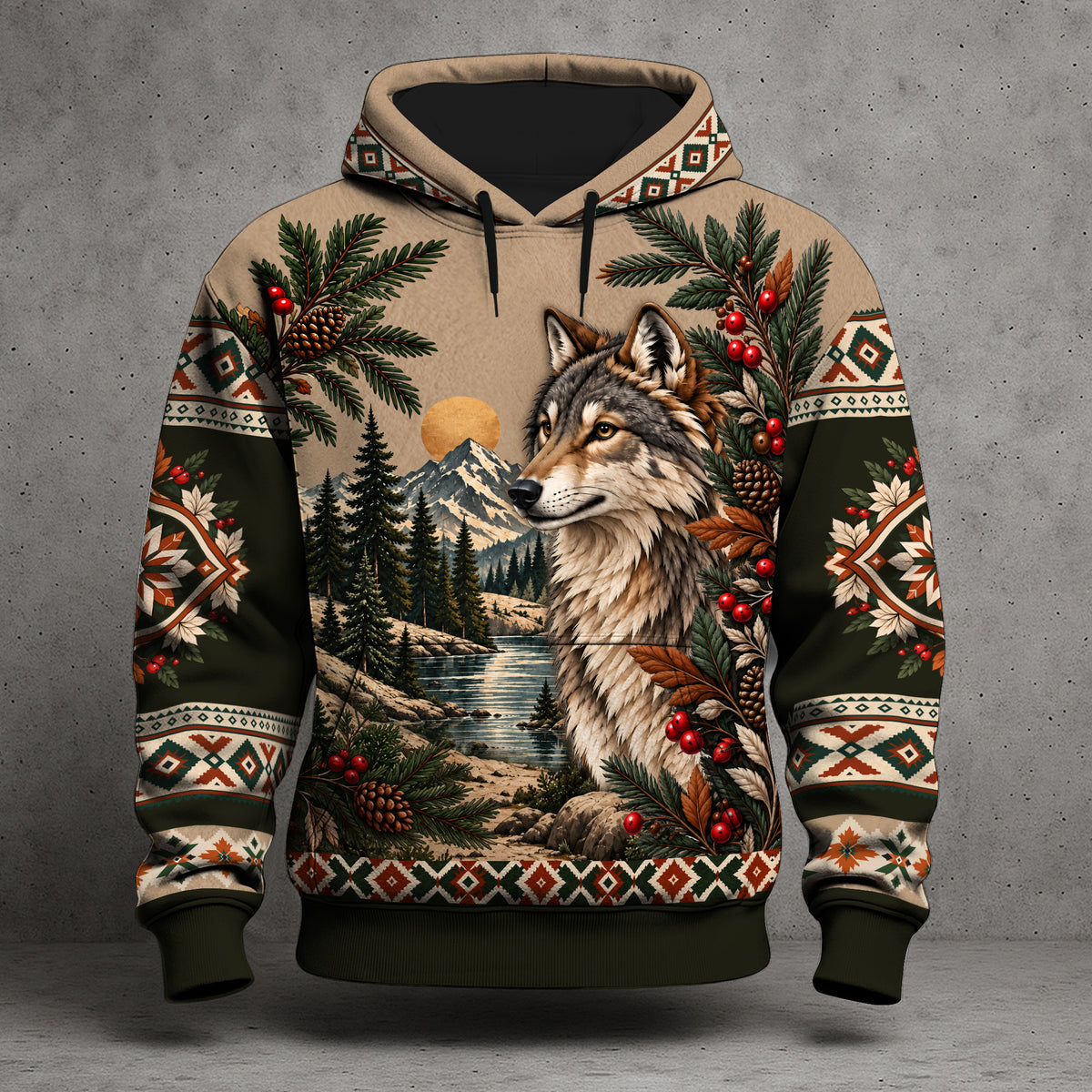 Native American Wolf Hoodie - Tribal Wolf, Mountain & Forest Design
