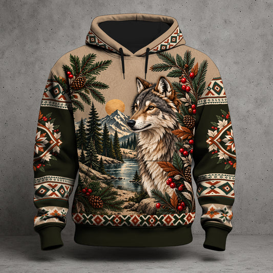 Native American Wolf Hoodie - Tribal Wolf, Mountain & Forest Design