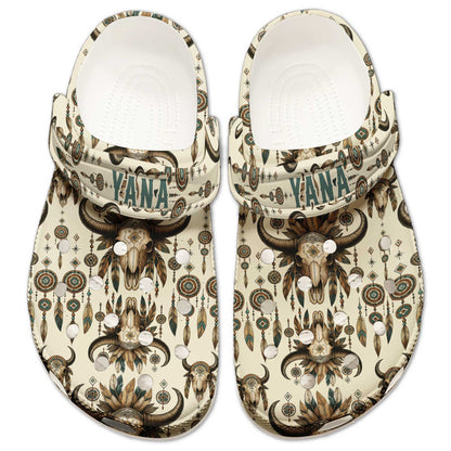 Custom Name Native Spirit Clogs – Dreamcatcher & Buffalo Skull | Gift for Family