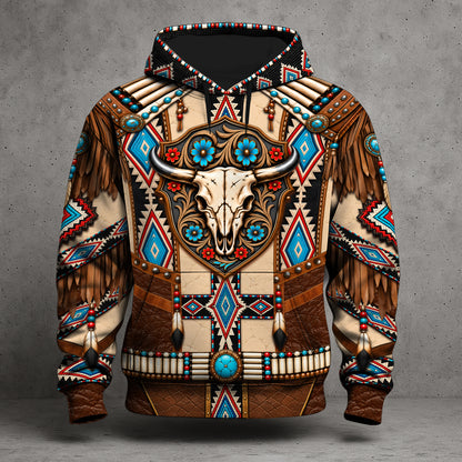 Native American Buffalo Skull Turquoise Tribal Aztec Western Boho Leather Feather Graphic Hoodie