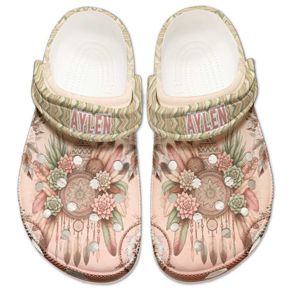 Custom Name Dreamcatcher Floral Clogs – Soft Pastel Native Pattern Shoes Gift