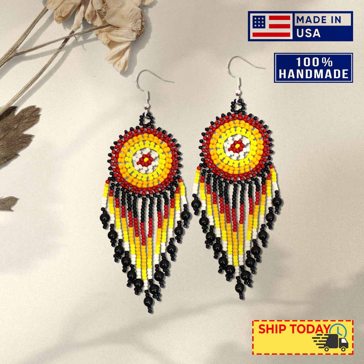 Black Medallion Beaded Handmade Earrings For Women