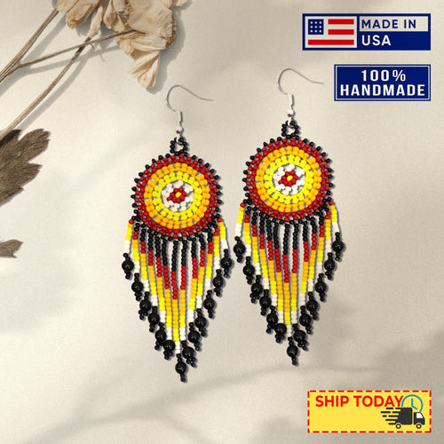Black Medallion Beaded Handmade Earrings For Women