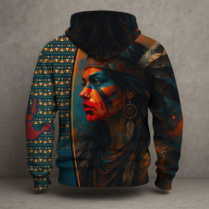 Tribal Feather Hoodie – Bold Red & Geometric Patterns & MMIW
