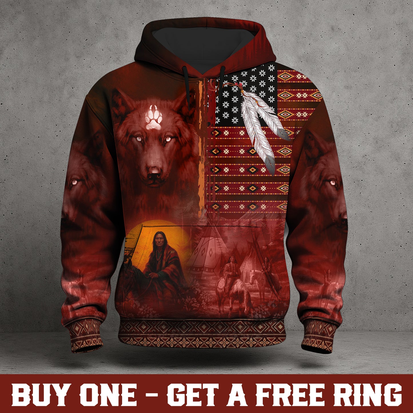 Red Wolf Protector Hoodie – Indigenous Pattern & Sacred Feathers