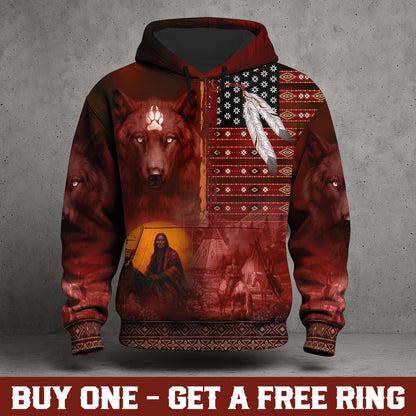 Red Wolf Protector Hoodie – Indigenous Pattern & Sacred Feathers