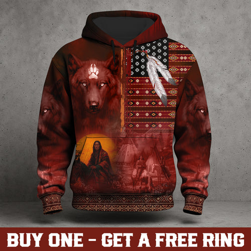 Red Wolf Protector Hoodie – Indigenous Pattern & Sacred Feathers