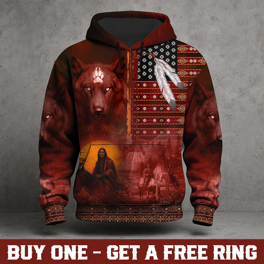 Red Wolf Protector Hoodie – Indigenous Pattern & Sacred Feathers