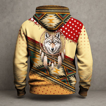Wild Spirit – Wolf and Dreamcatcher Design in Beige and Deep Red Tribal Pattern