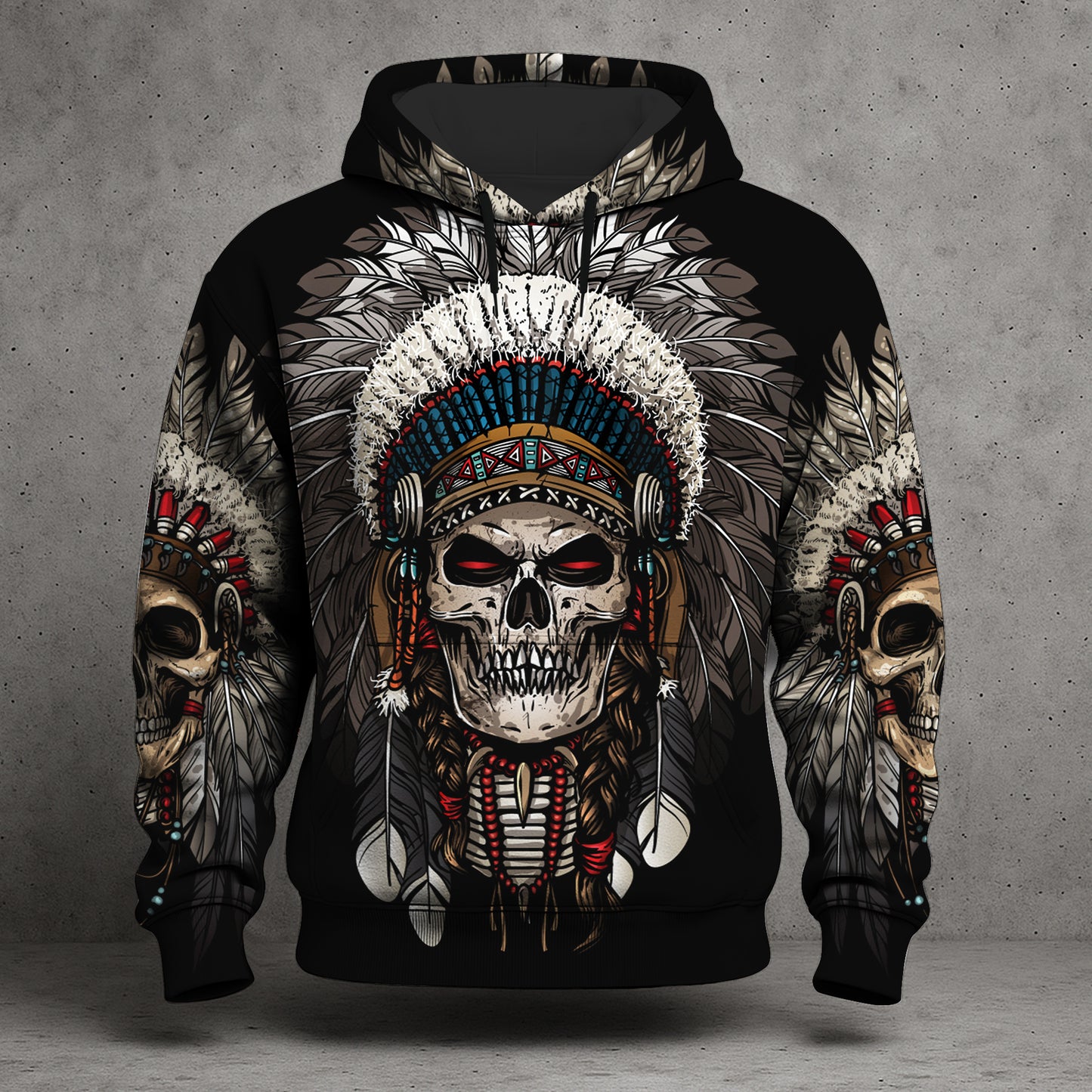Warrior Skull Hoodie – Tribal Chief Headdress Edition