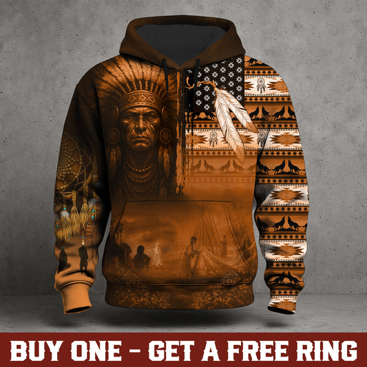 Native Pattern Hoodie – Chief Warrior Graphic – Unisex Casual Hoodie with Tribal Elements
