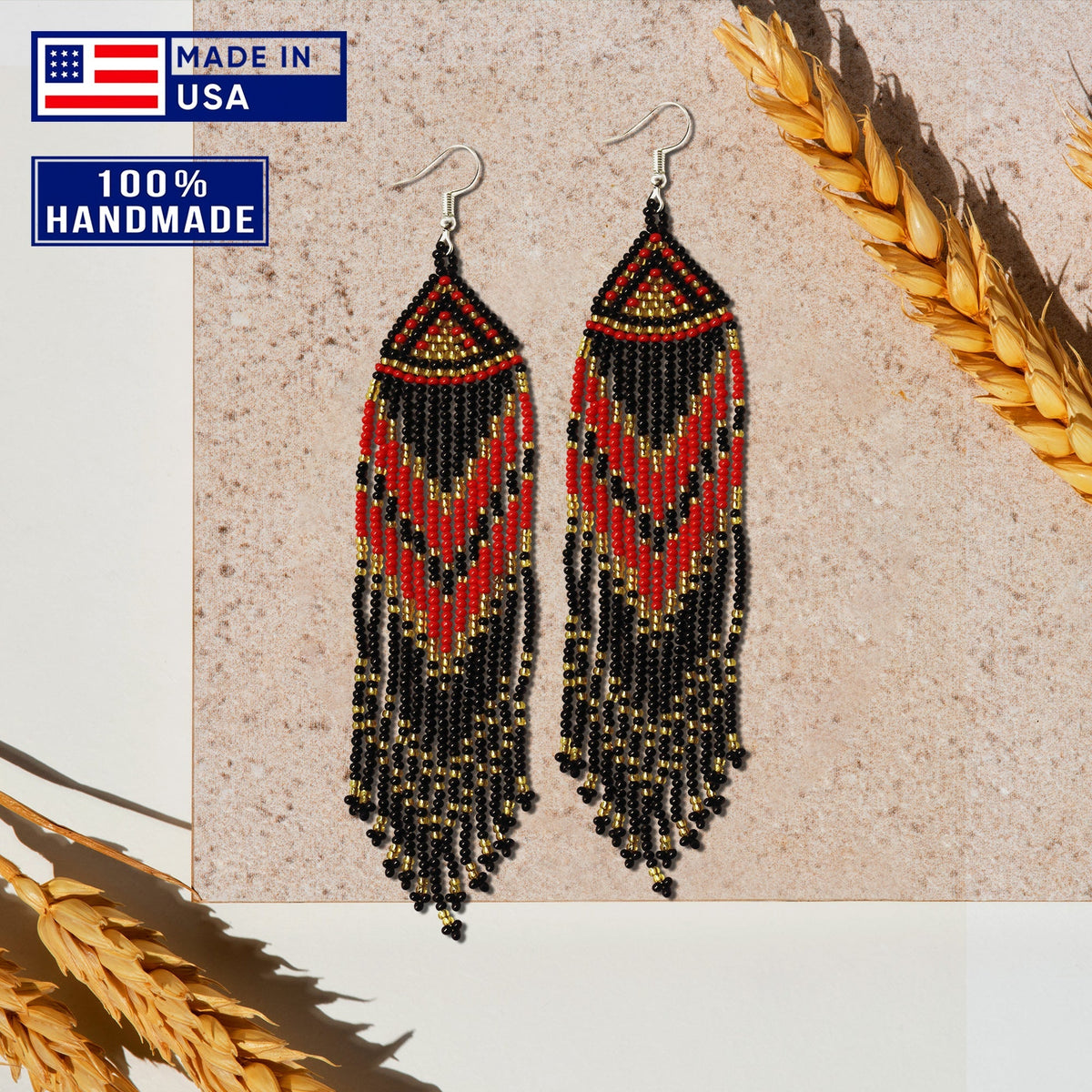 Red Black Long Beaded Handmade Earrings For Women