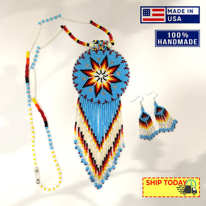 Handmade Turquoise Blue Four Directions Necklace Medallion Earring Set