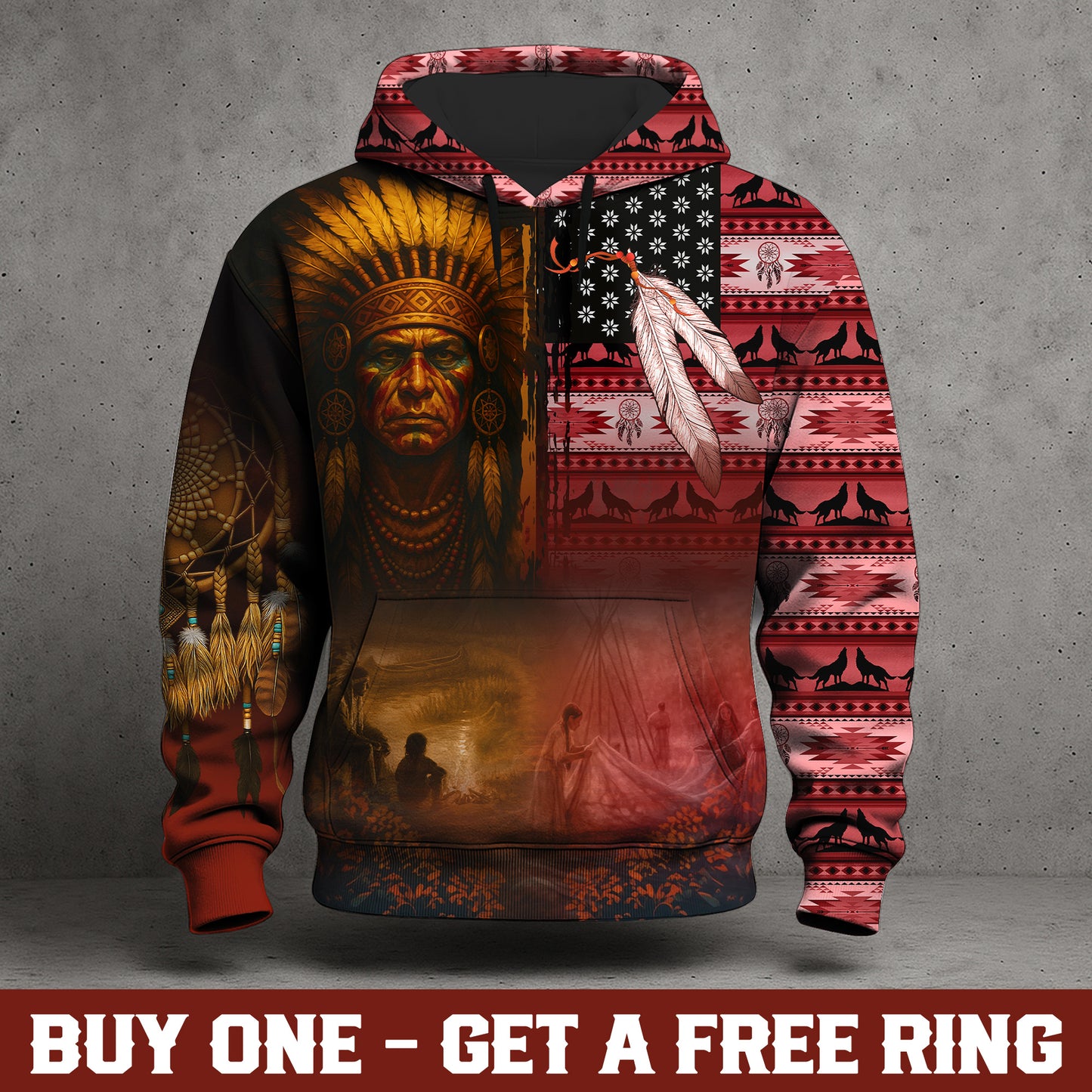 Native Heritage – The Chief Spirit Hoodie in Red & Blue, Symbol of Freedom and Pride