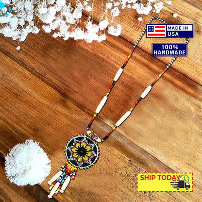 Black Yellow Seed Bead Long Star Medallion Handmade Necklace Earrings Set