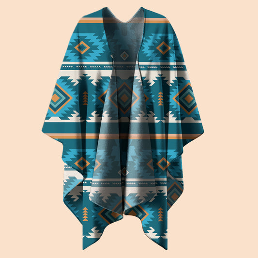 Southwest Spirit Poncho – Bold Teal Geometric Pattern with Tribal Soul