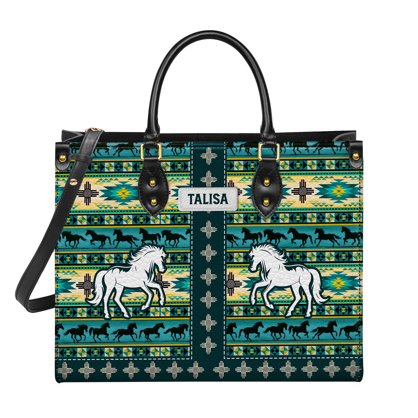 Personalized Leather Handbag for Women - Design Patterns Boho Native Spirit Galloping Horse