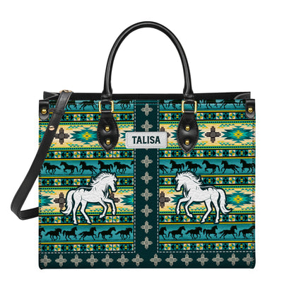 Personalized Leather Handbag for Women - Design Patterns Boho Native Spirit Galloping Horse