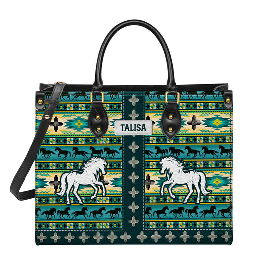 Personalized Leather Handbag for Women - Design Patterns Boho Native Spirit Galloping Horse