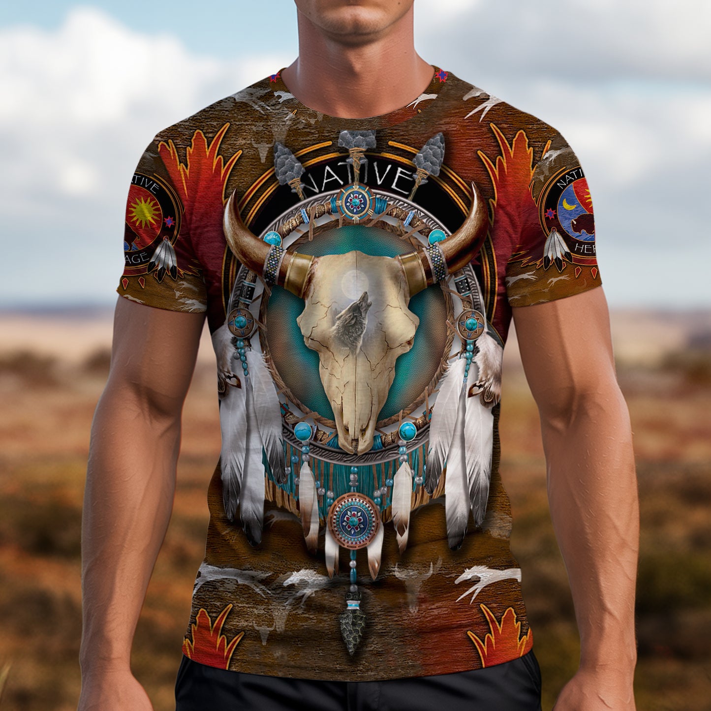 3D T-Shirt "Native American Bison Skull – Tribal Spirit & Heritage Design"