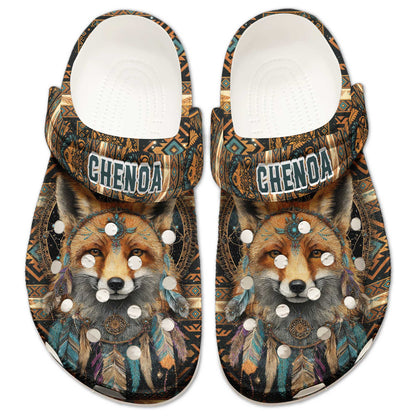 Custom Name Native Fox Spirit Clogs – Tribal Pattern, Feather Design & Family Gift