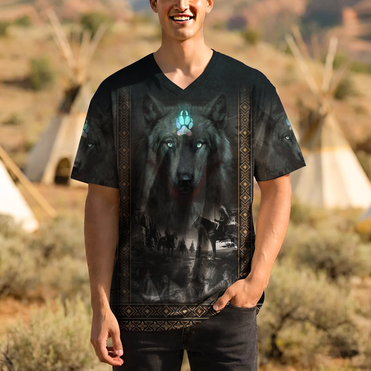 3D T-Shirt - "Tribal Wolf Guardian  – 3D Native Spirit Artwork, Blue Eyes Wolf Totem"