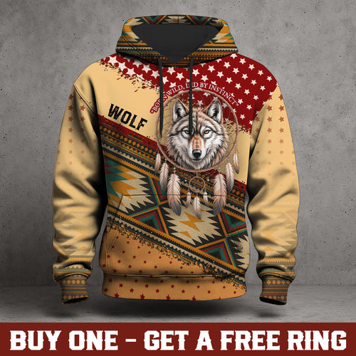 Wild Spirit – Wolf and Dreamcatcher Design in Beige and Deep Red Tribal Pattern