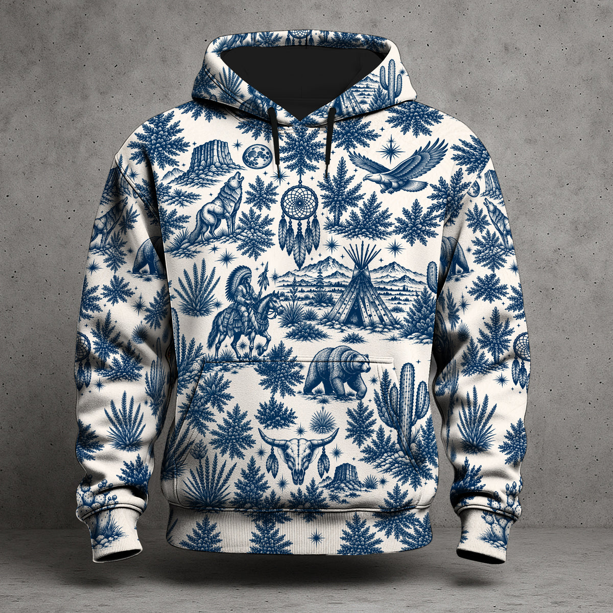 Native Wolf Desert Hoodie - Vintage Southwest Graphic Pullover Sweatshirt with Tribal Pattern