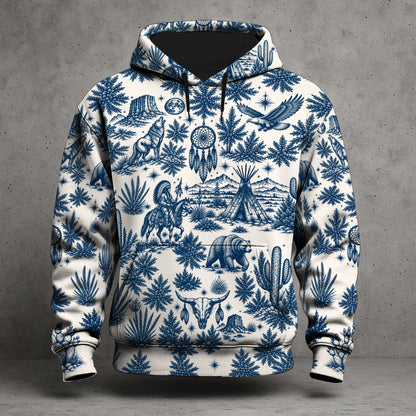 Native Wolf Desert Hoodie - Vintage Southwest Graphic Pullover Sweatshirt with Tribal Pattern