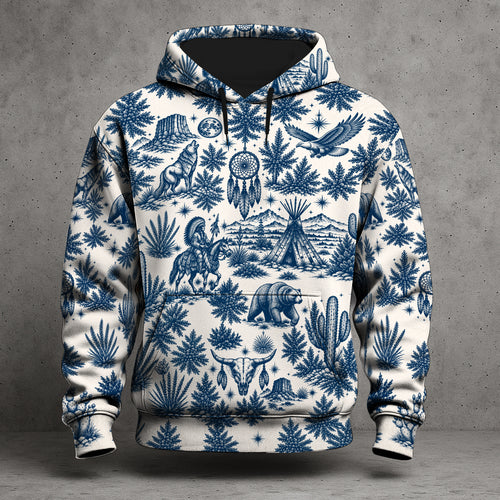 Native Wolf Desert Hoodie - Vintage Southwest Graphic Pullover Sweatshirt with Tribal Pattern