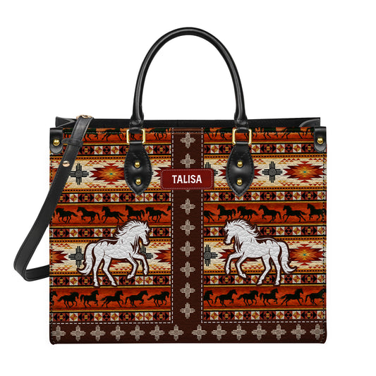 Personalized Leather Handbag for Women - Design Patterns Boho Rustic Orange Spirit Horse