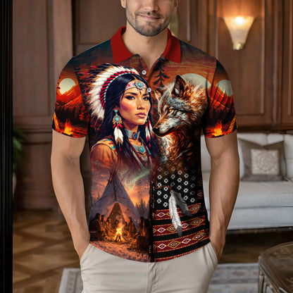 Native American  Polo Shirt - Wolf And Women Native