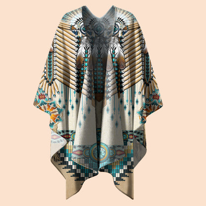 Poncho Native Shield – Ivory & Teal with Beaded Warrior Design