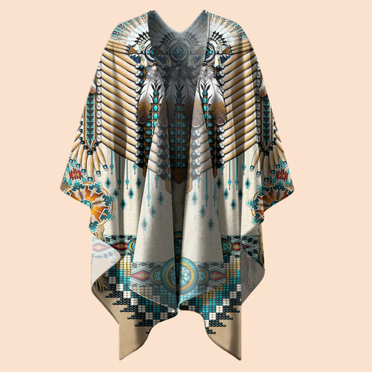 Poncho Native Shield – Ivory & Teal with Beaded Warrior Design
