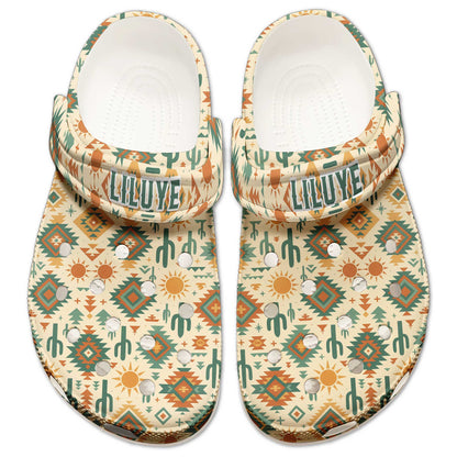 Custom Name Desert Cactus Spirit Clogs – Tribal Geometry & Boho Sun Design