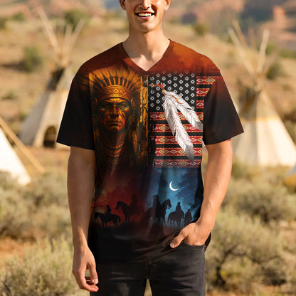 3D T-Shirt  "Native Heritage – The Chief Spirit in Red & Blue, Symbol of Freedom and Pride"